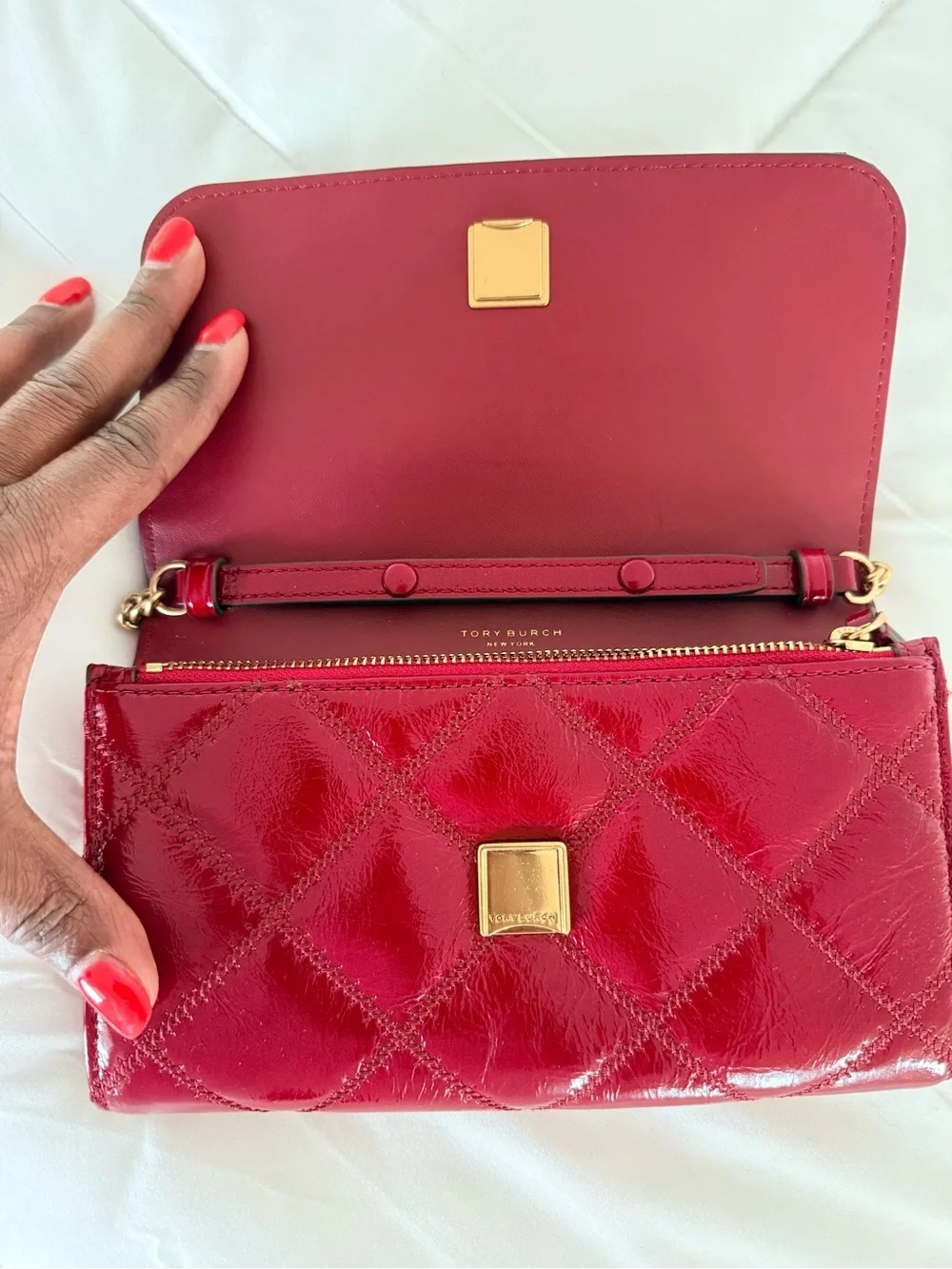 Tory Burch Red Quilted Patent Leather Chain Crossbody with Logo Medallion